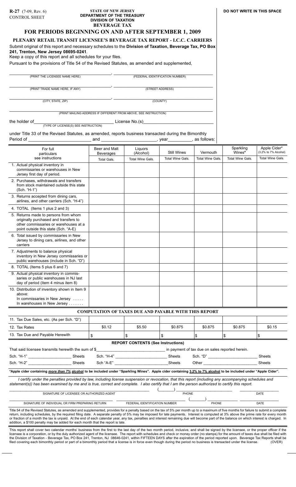 Form R-27 Plenary Retail Transit Licensees Beverage Tax Report - September and After Only - New Jersey, Page 1