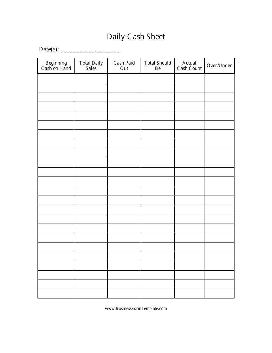 Daily Cash Sheet Template Big Table Download Printable PDF Templateroller