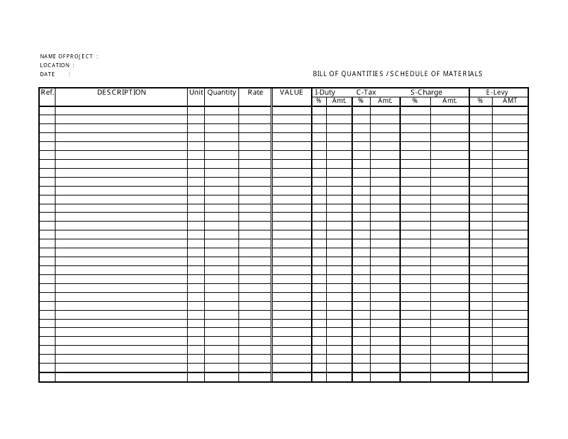 Bill of Quantities / Schedule of Materials Template