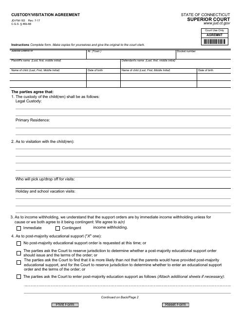Form JD-FM-183 Custody/Visitation Agreement - Connecticut