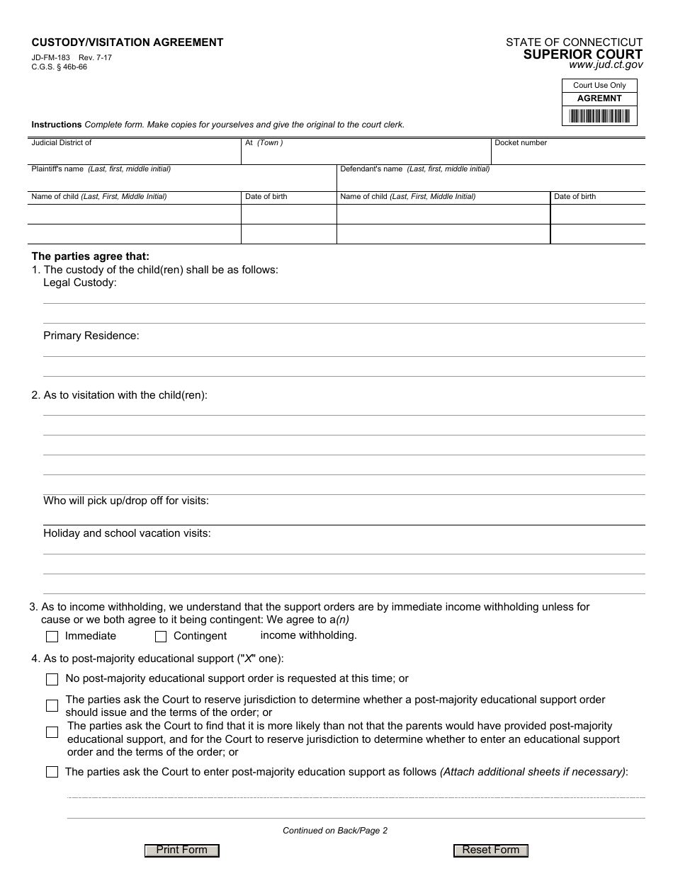Form JD-FM-183 Custody/Visitation Agreement - Connecticut, Page 1