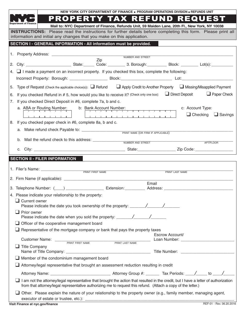 Form REF 01 Download Printable PDF Or Fill Online Property Tax Refund 