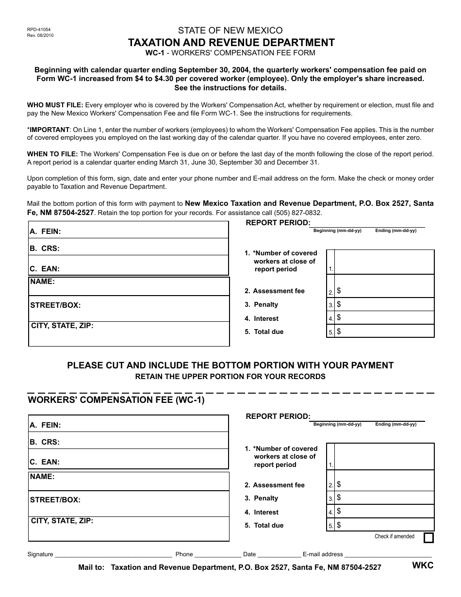 Form WC-1 (RPD-41054) Workers Compensation Fee Form - New Mexico, Page 1