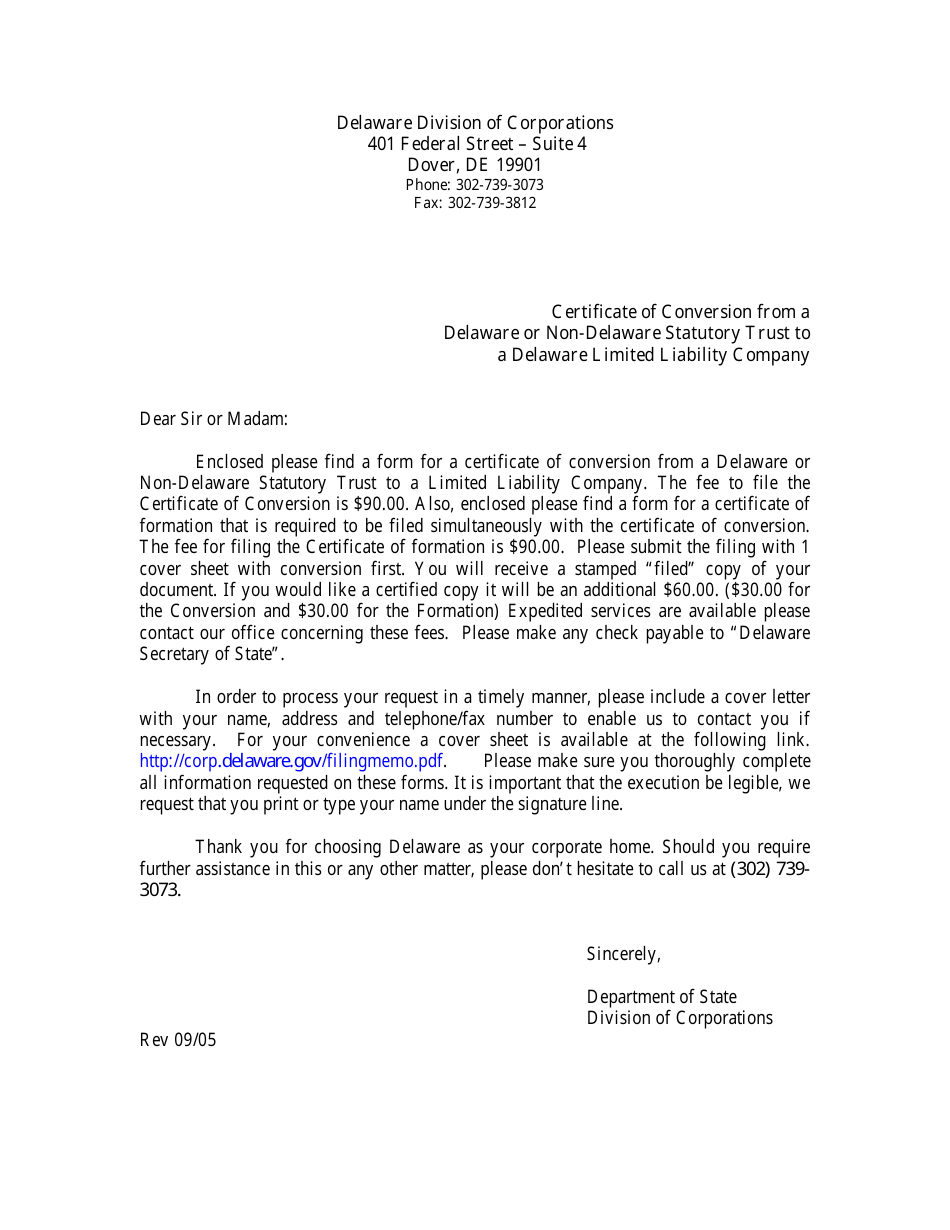 Certificate of Conversion From a Delaware or Non-delaware Statutory Trust to a Delaware Limited Liability Company - Delaware, Page 1