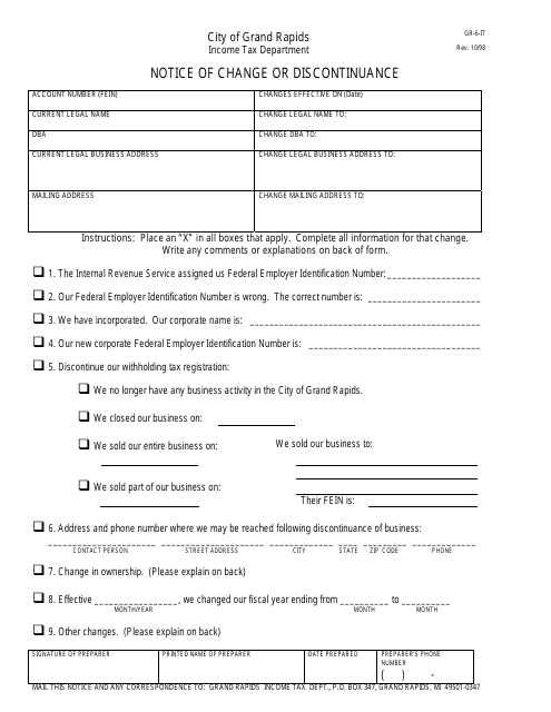 Form GR-6-IT Notice of Change or Discontinuance - City of Grand Rapids, Michigan