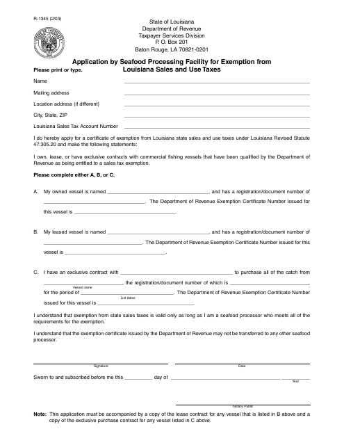 Form R-1345 Application by Seafood Processing Facility for Exemption From Louisiana Sales and Use Taxes - Louisiana