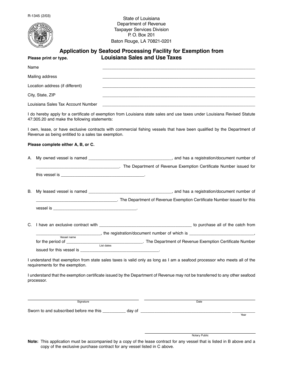 Form R-1345 Application by Seafood Processing Facility for Exemption From Louisiana Sales and Use Taxes - Louisiana, Page 1