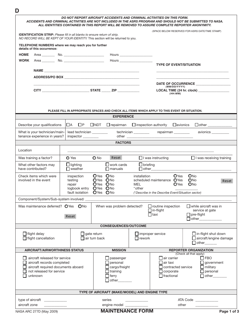 ARC Form 277D Maintenance Form, Page 1