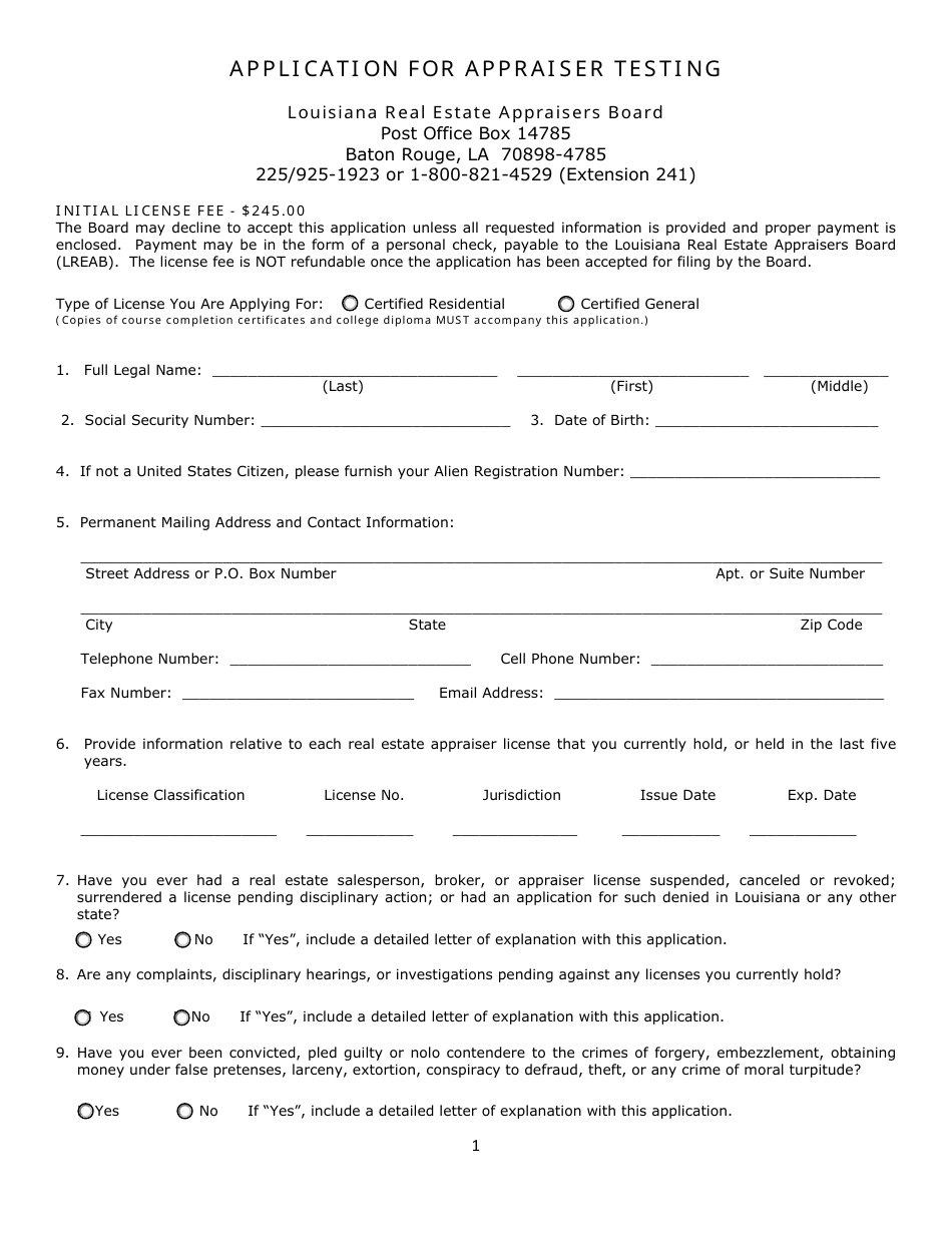 Application for Appraiser Testing - Louisiana, Page 1