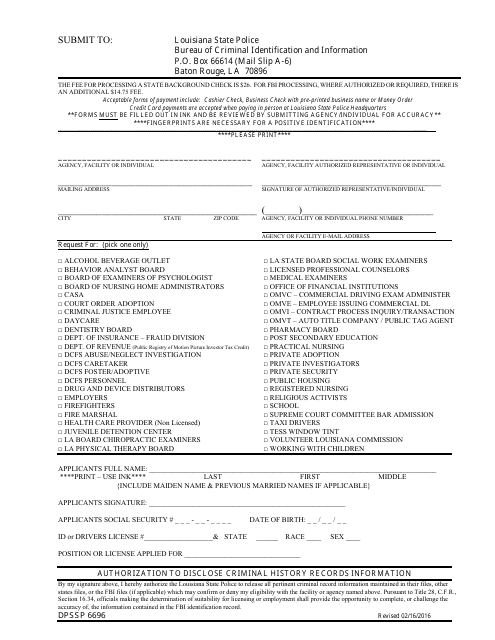 Form 6696 Authorization to Disclose Criminal History Records Information - Louisiana
