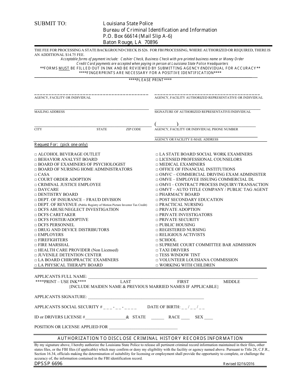 Form 6696 Authorization to Disclose Criminal History Records Information - Louisiana, Page 1