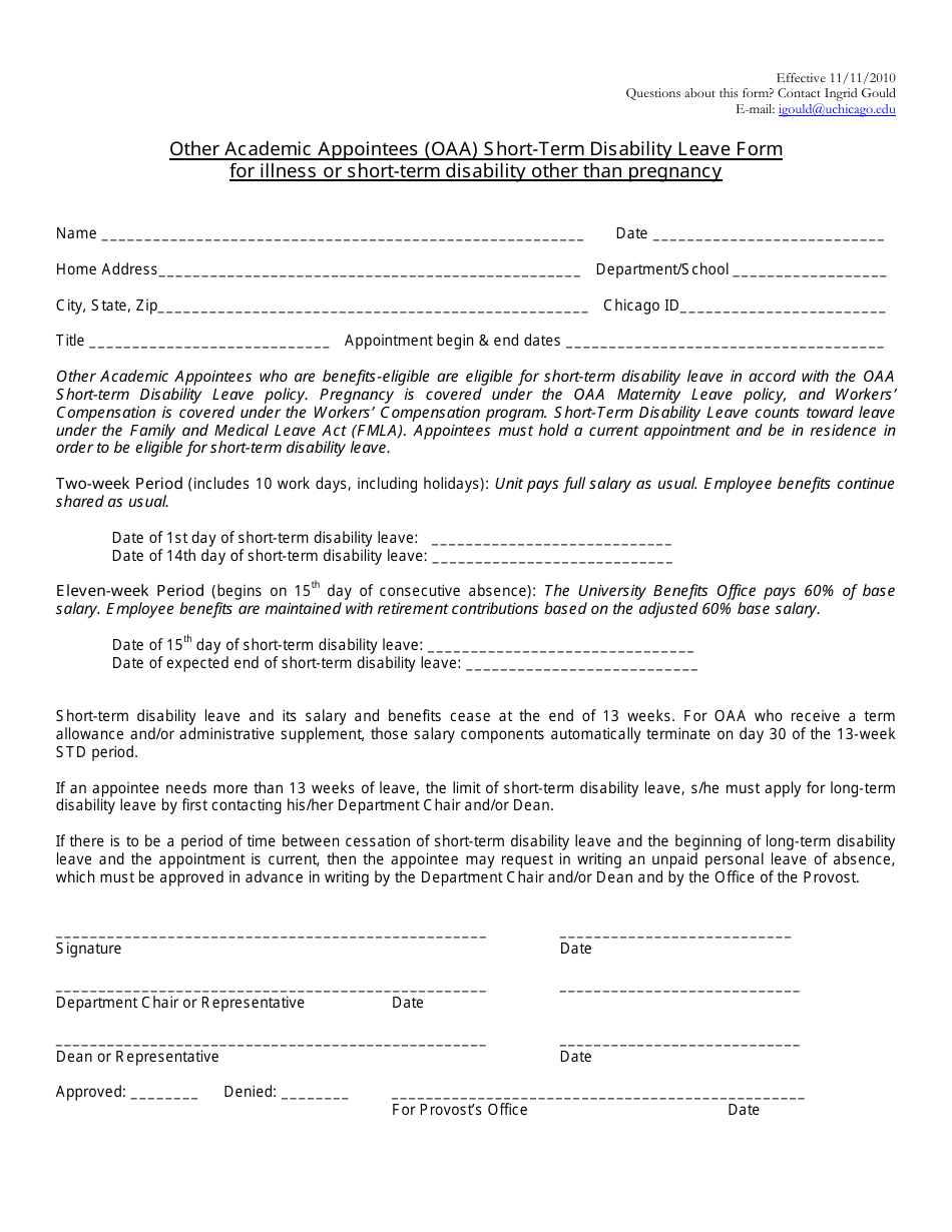Other Academic Appointees (Oaa) Short-Term Disability Leave Form for Illness or Short-Term Disability Other Than Pregnancy - University of Chicago, Page 1