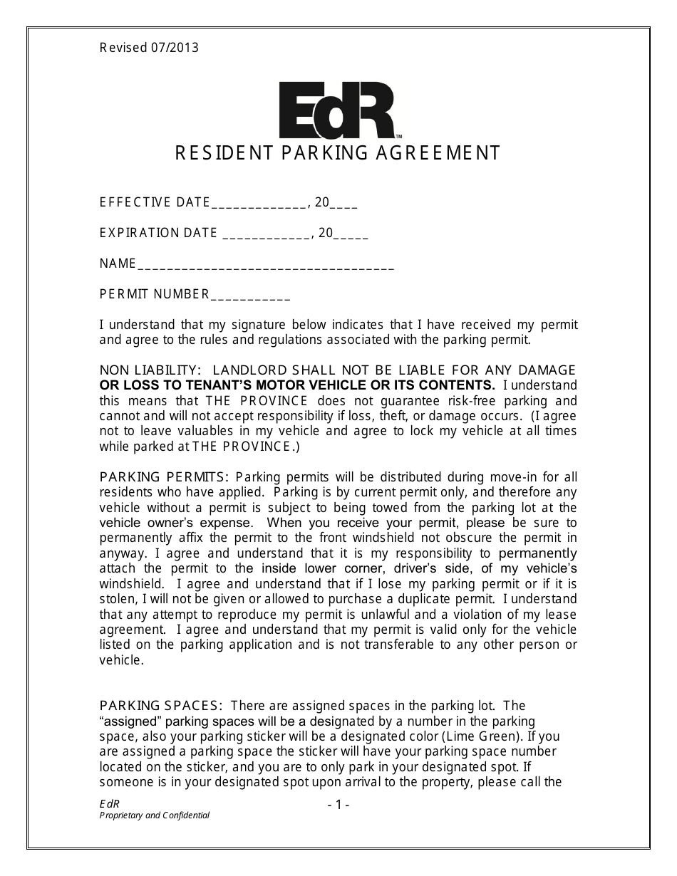 Resident Parking Agreement Form - Edr, Page 1