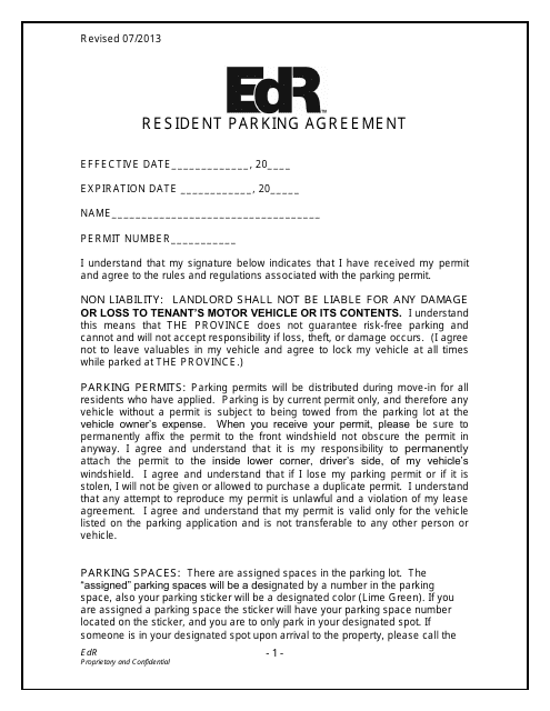 Resident Parking Agreement Form - Edr