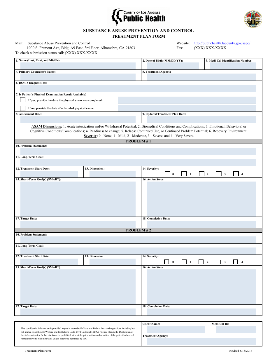 Substance Abuse Prevention and Control Treatment Plan Form - County of Los Angeles, California, Page 1