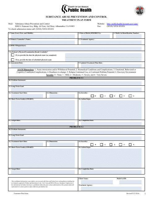 Substance Abuse Prevention and Control Treatment Plan Form - County of Los Angeles, California Download Pdf