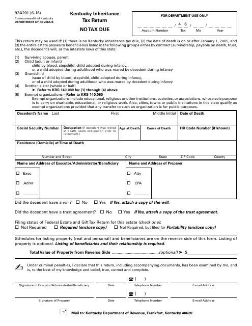 Form 92A201 Kentucky Inheritance Tax Return - No Tax Due - Kentucky