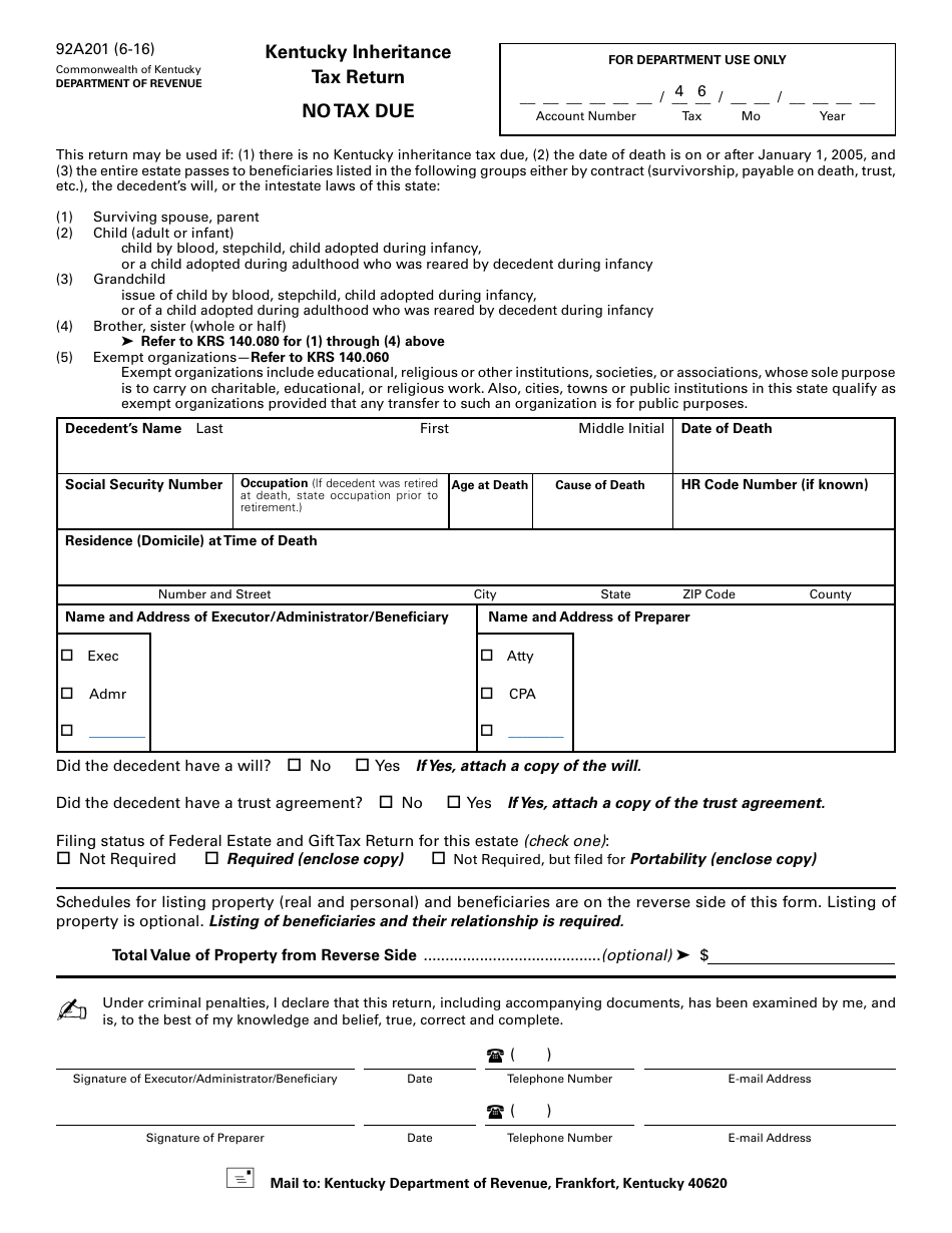 Form 92A201 Kentucky Inheritance Tax Return - No Tax Due - Kentucky, Page 1