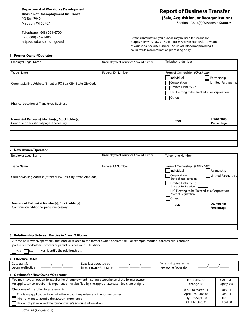 Form UCT-115-E Report of Business Transfer (Sale, Acquisition, or Reorganization) - Wisconsin, Page 1