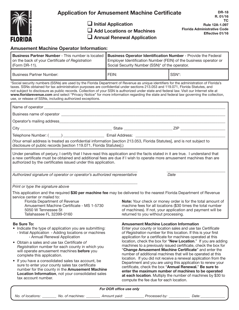 Form DR-18 Application for Amusement Machine Certificate - Florida, Page 1