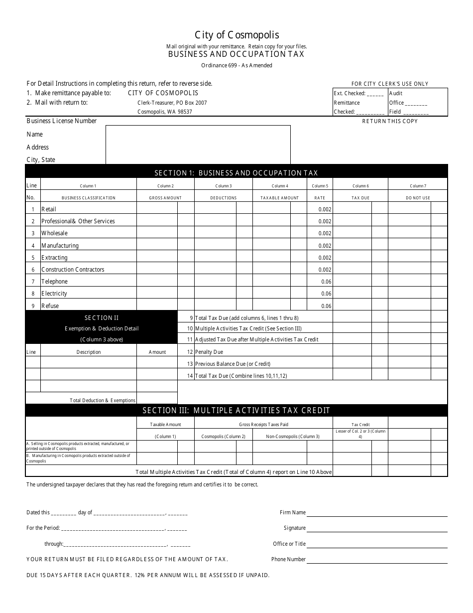 Business and Occupation Tax Form - City of Cosmopolis, Washington, Page 1