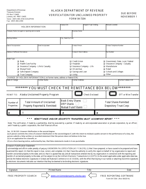 Form 04-720A Verification for Unclaimed Property - Alaska