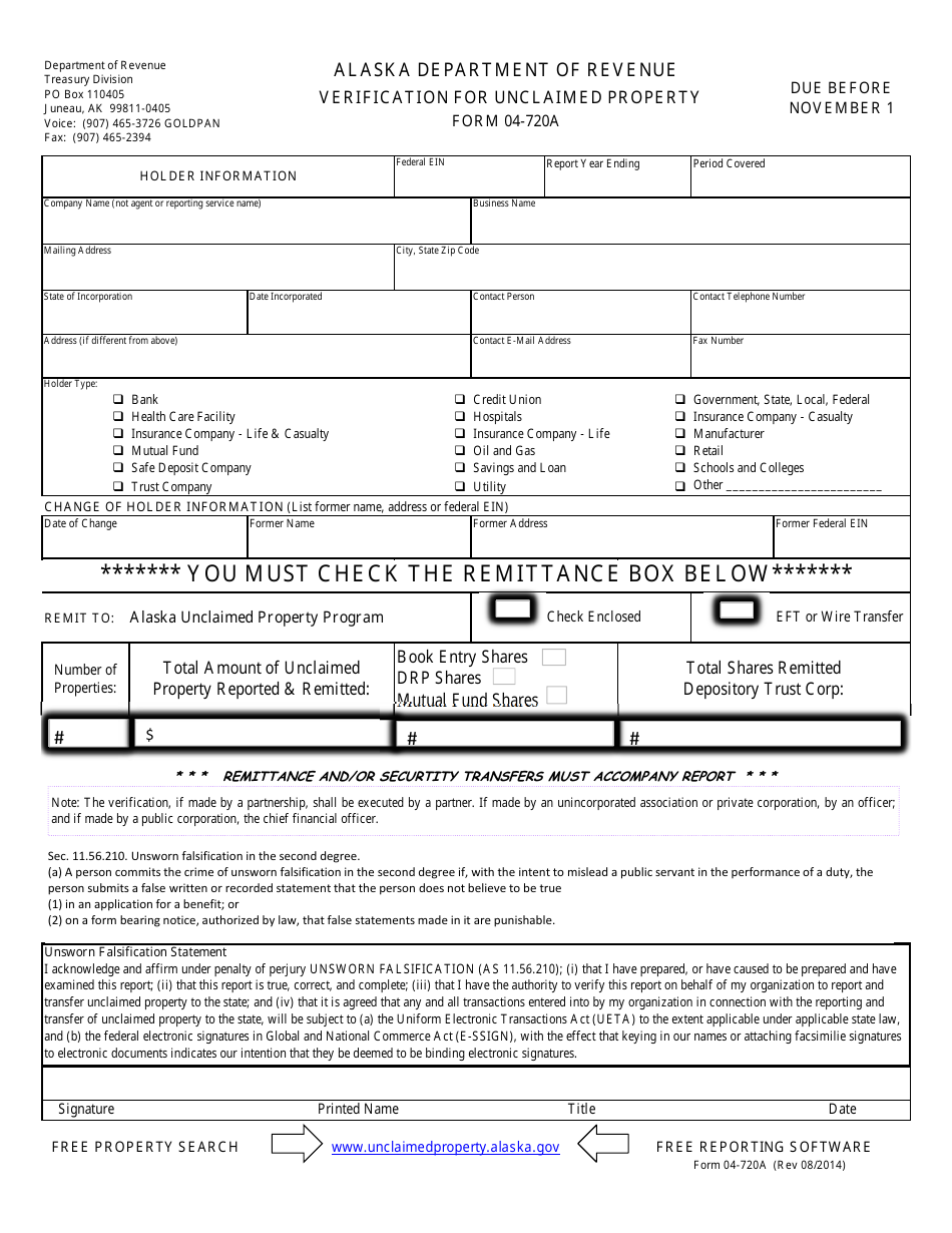 Form 04-720A Verification for Unclaimed Property - Alaska, Page 1