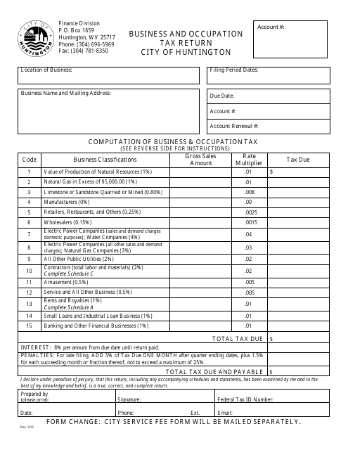 Business and Occupation Tax Return Form - City of Huntington, West Virginia Download Pdf