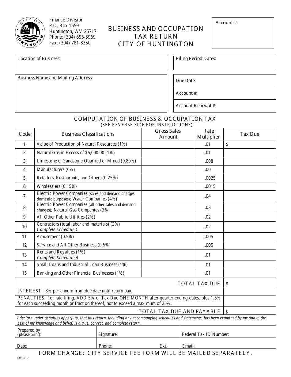 Business and Occupation Tax Return Form - City of Huntington, West Virginia, Page 1