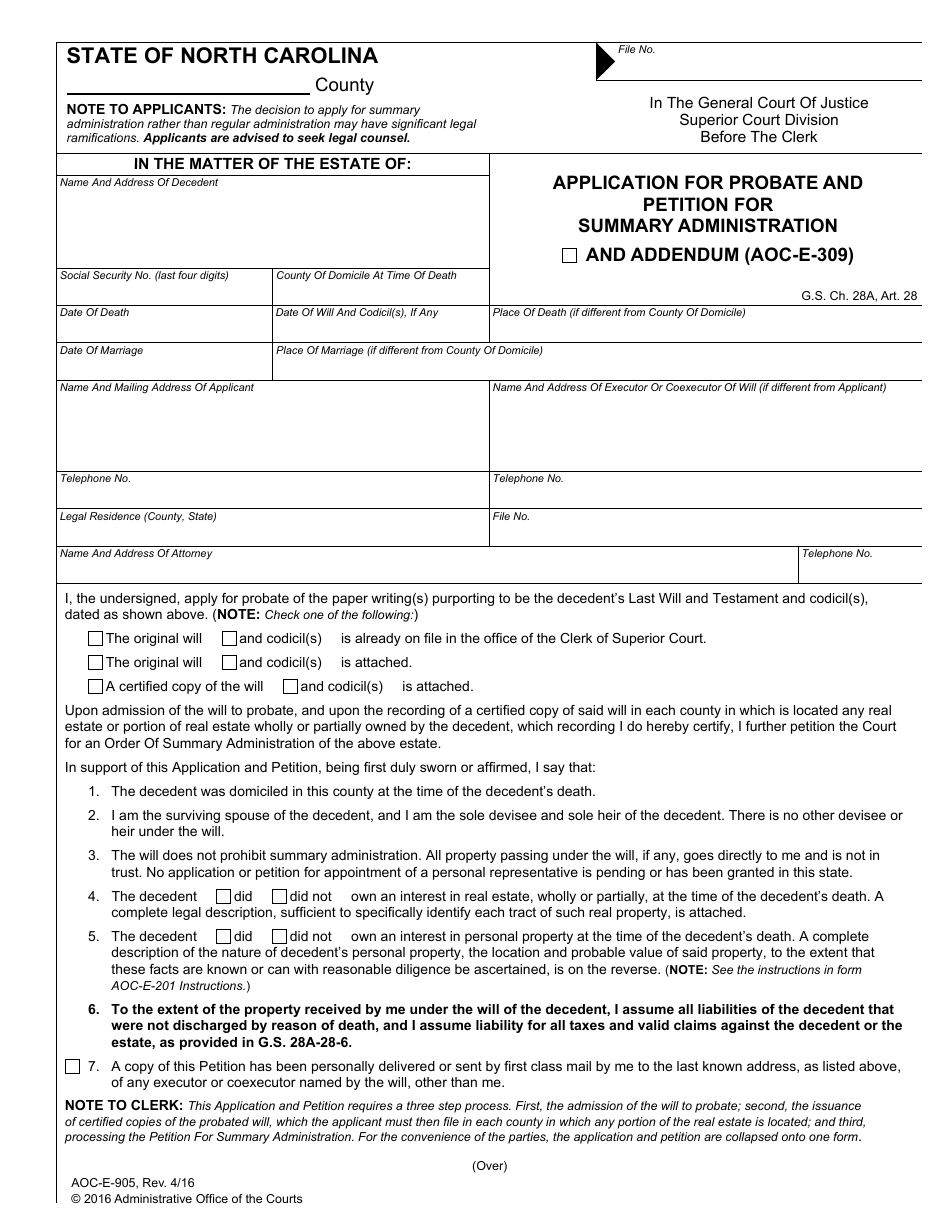 Form AOC-E-905 Application for Probate and Petition for Summary Administration - North Carolina, Page 1