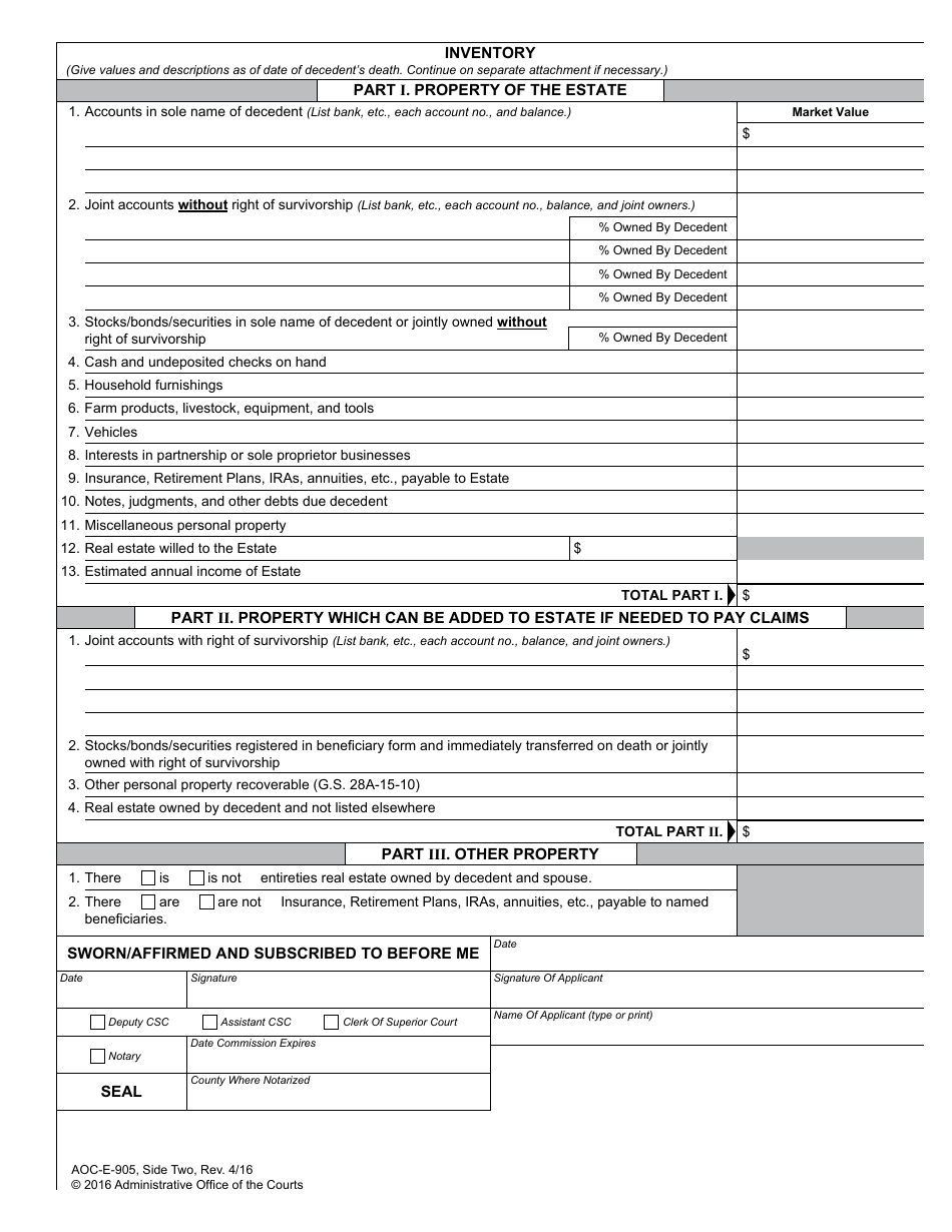 Form AOC-E-905 - Fill Out, Sign Online and Download Fillable PDF, North ...