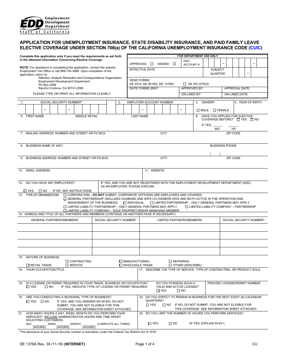 Form DE1378A Application for Unemployment Insurance, State Disability Insurance, and Paid Family Leave Elective Coverage Under Section 708(A) of the California Unemployment Insurance Code (Cuic) - California, Page 1