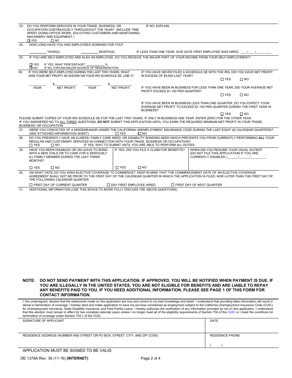 Form DE1378A Application for Unemployment Insurance, State Disability Insurance, and Paid Family Leave Elective Coverage Under Section 708(A) of the California Unemployment Insurance Code (Cuic) - California, Page 2