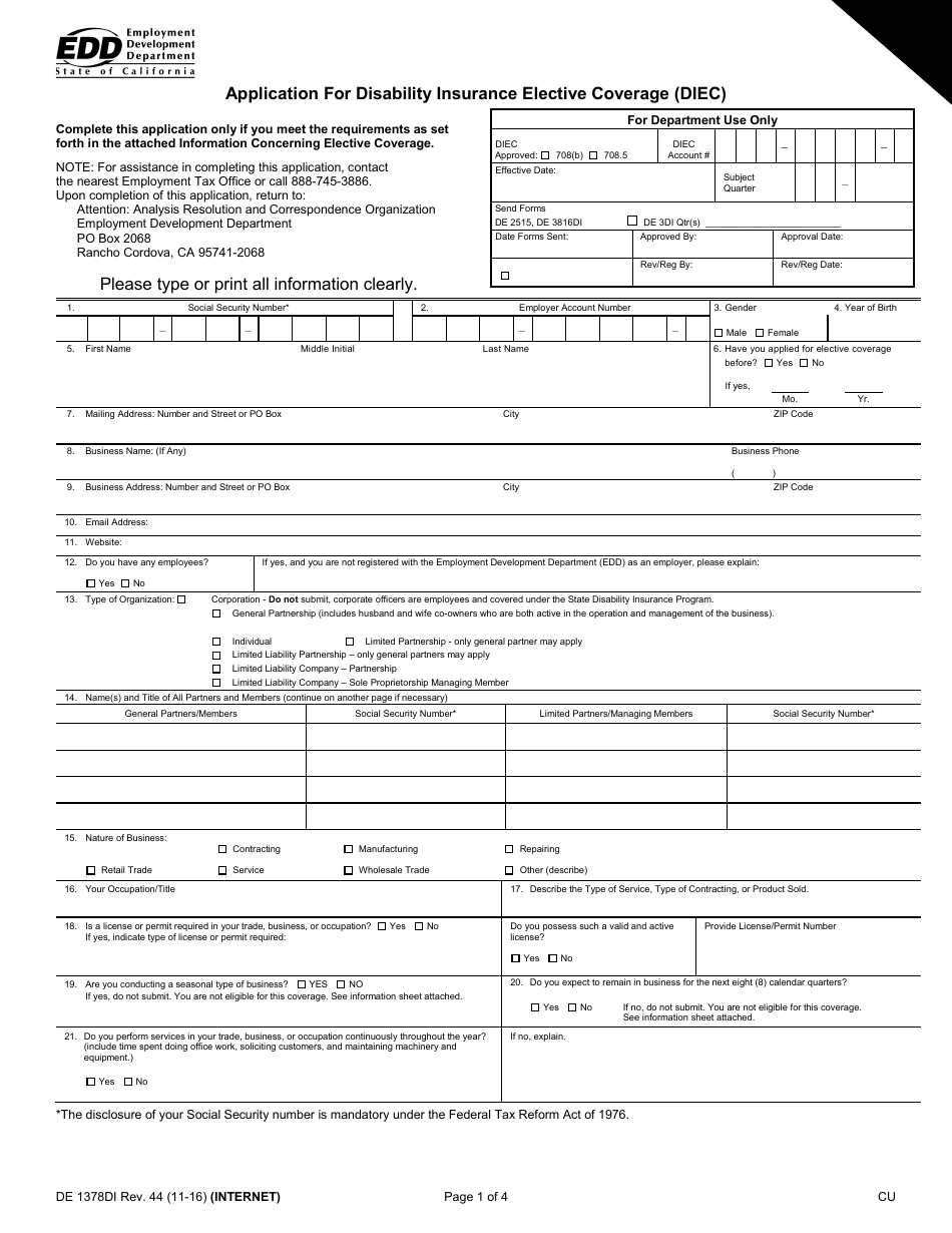 Form DE1378DI Application for Disability Insurance Elective Coverage (Diec) - California, Page 1