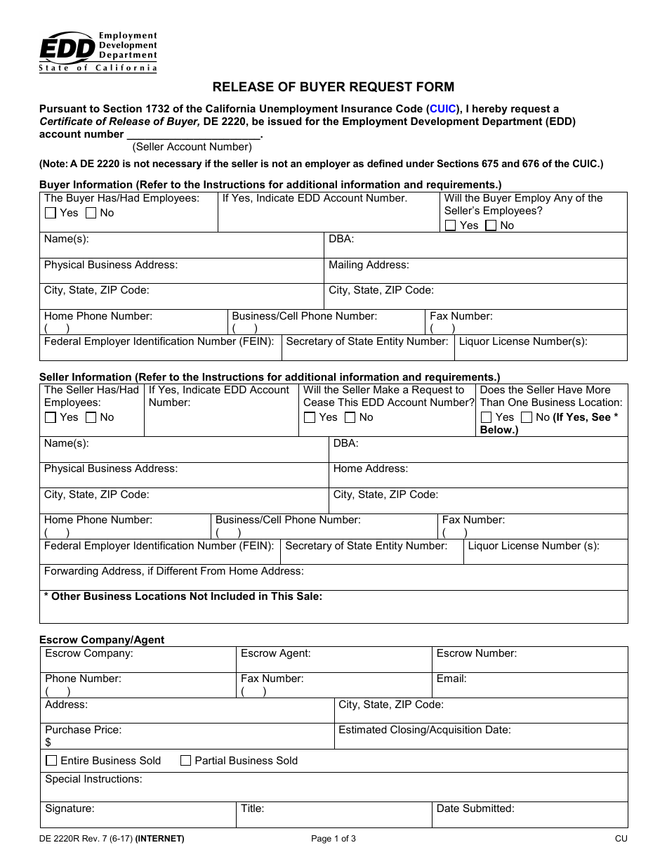 Form DE2220R Release of Buyer Request Form - California, Page 1