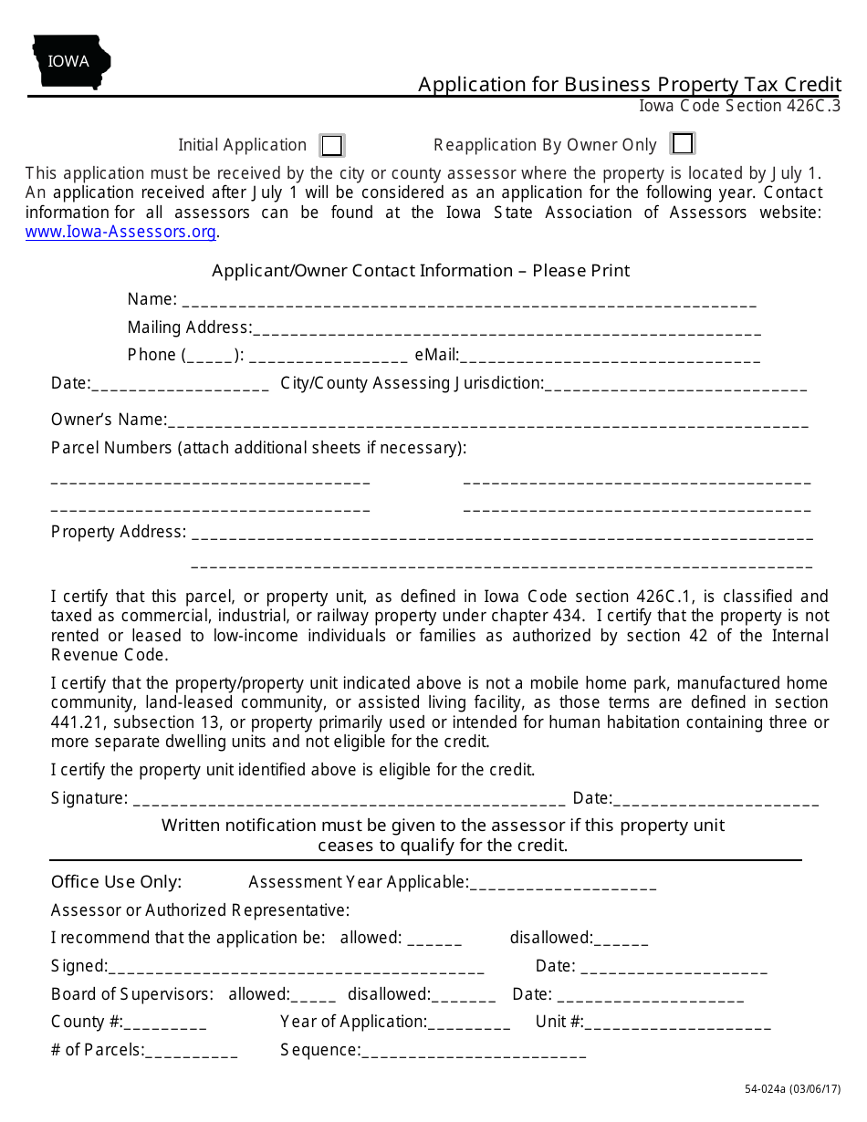 Form 54-024A Application for Business Property Tax Credit - Iowa, Page 1