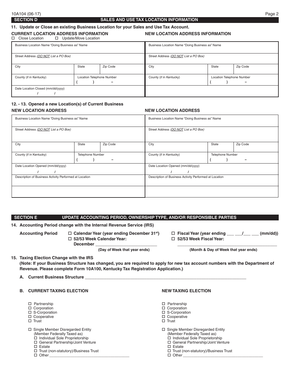Form 10A104 Update or Cancellation of Kentucky Tax Account(S) - Kentucky, Page 2