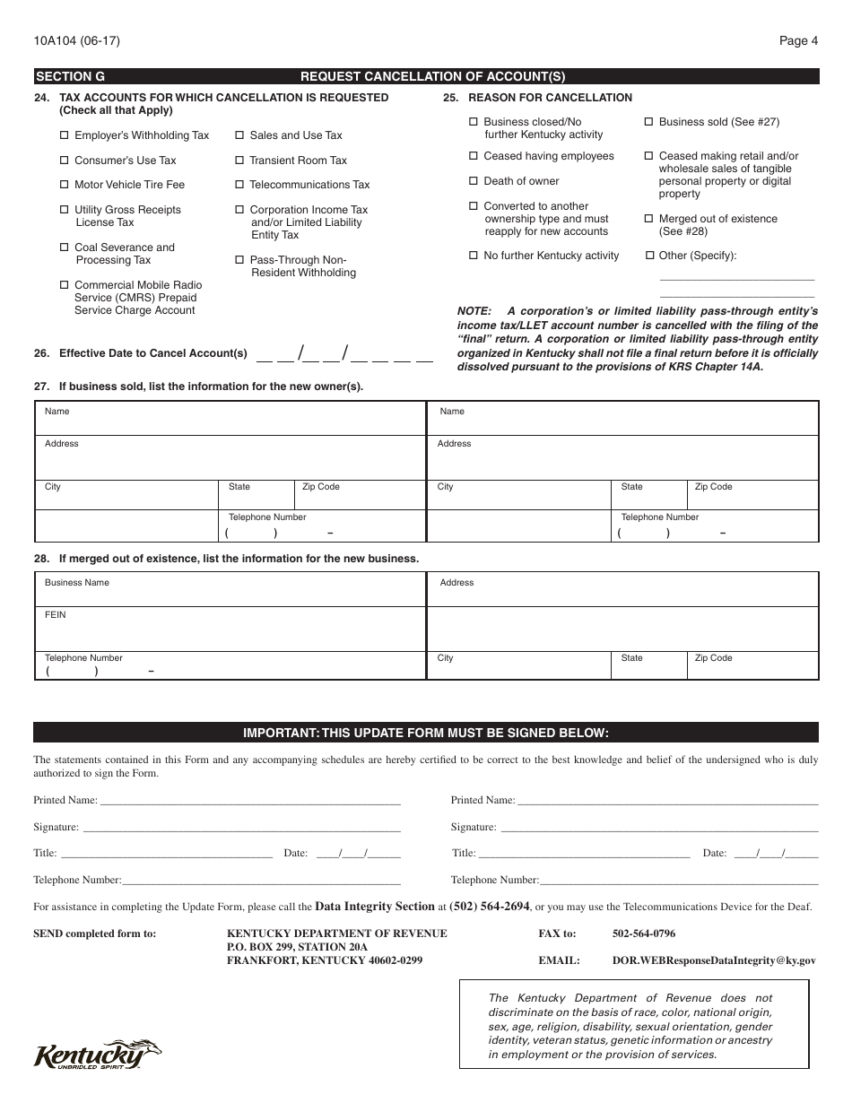 Form 10A104 Update or Cancellation of Kentucky Tax Account(S) - Kentucky, Page 4