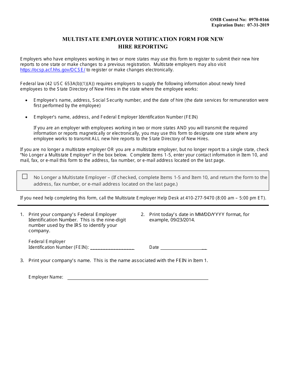 Multistate Employer Notification Form for New Hire Reporting, Page 1