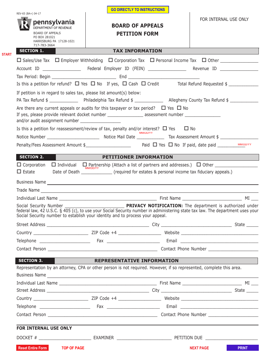 Form REV-65 Board of Appeals Petition Form - Pennsylvania, Page 1