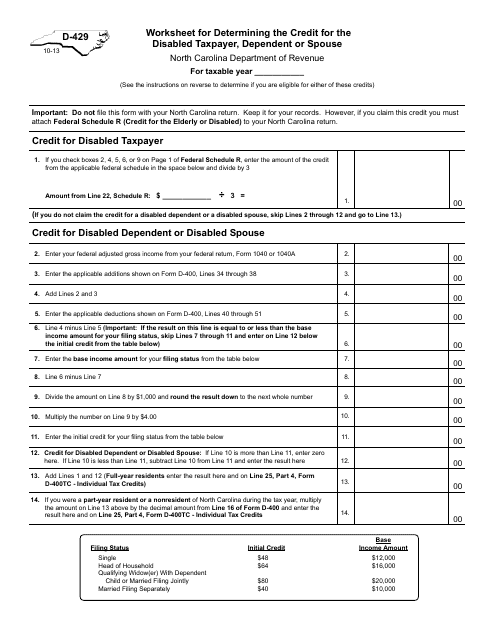 Form D-429 Worksheet for Determining the Credit for the Disabled Taxpayer, Dependent or Spouse - North Carolina