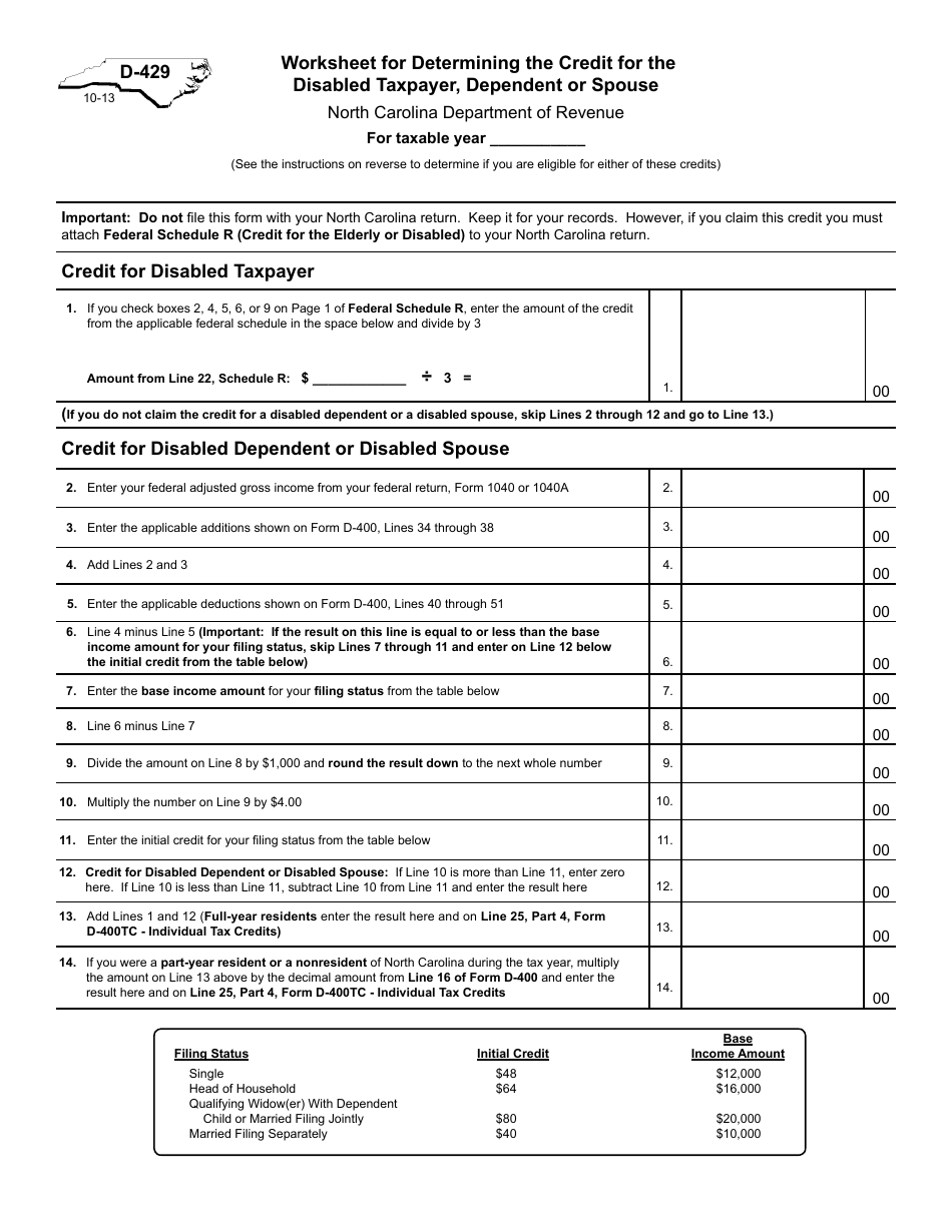 Form D-429 Worksheet for Determining the Credit for the Disabled Taxpayer, Dependent or Spouse - North Carolina, Page 1