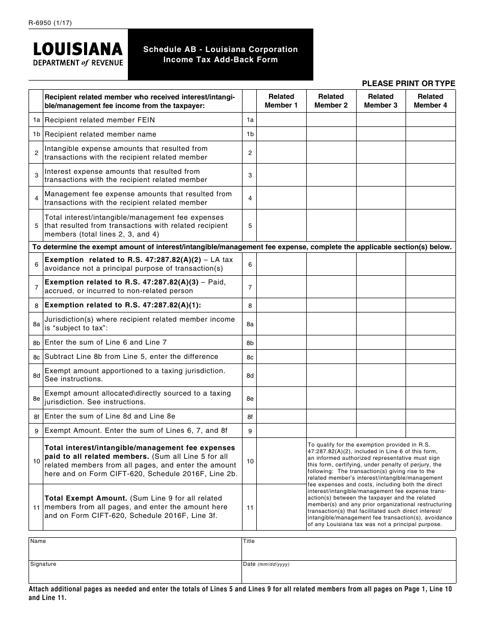 Form R-6950 Schedule AB Louisiana Corporation Income Tax Add-Back Form - Louisiana, Page 1