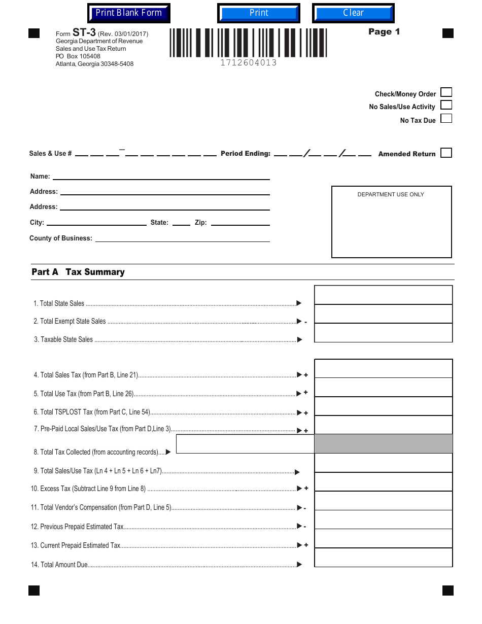 Form ST-3 Sales and Use Tax Return - Georgia (United States), Page 1