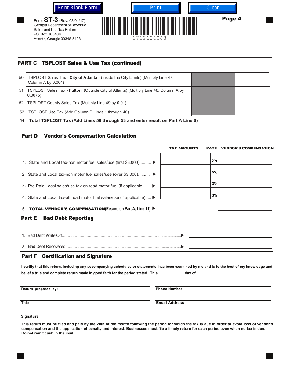 Form ST-3 Sales and Use Tax Return - Georgia (United States), Page 4