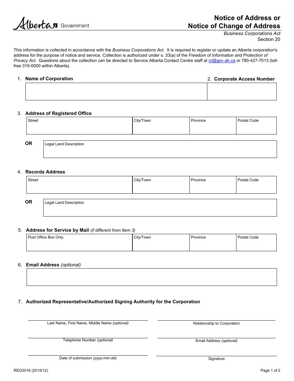 Form REG3016 Notice of Address or Notice of Change of Address - Alberta, Canada, Page 1