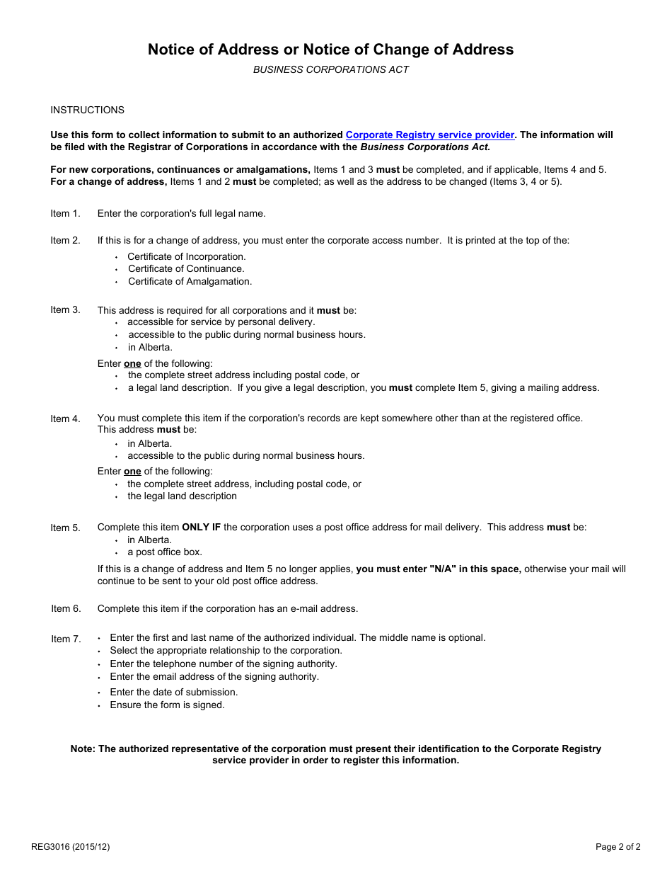 Form REG3016 Notice of Address or Notice of Change of Address - Alberta, Canada, Page 2