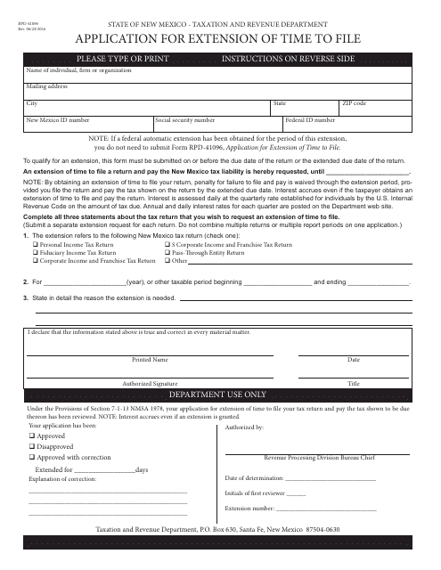 Form RPD-41096 Application for Extension of Time to File - New Mexico