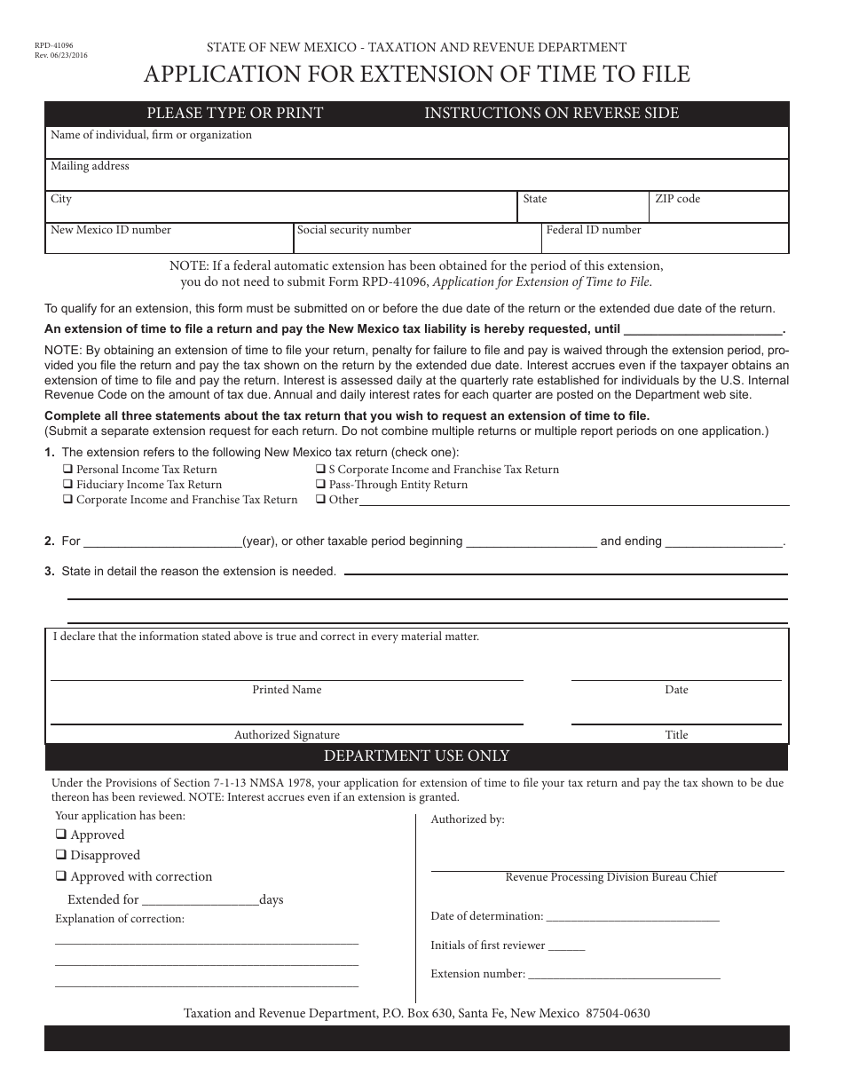Form RPD-41096 Application for Extension of Time to File - New Mexico, Page 1