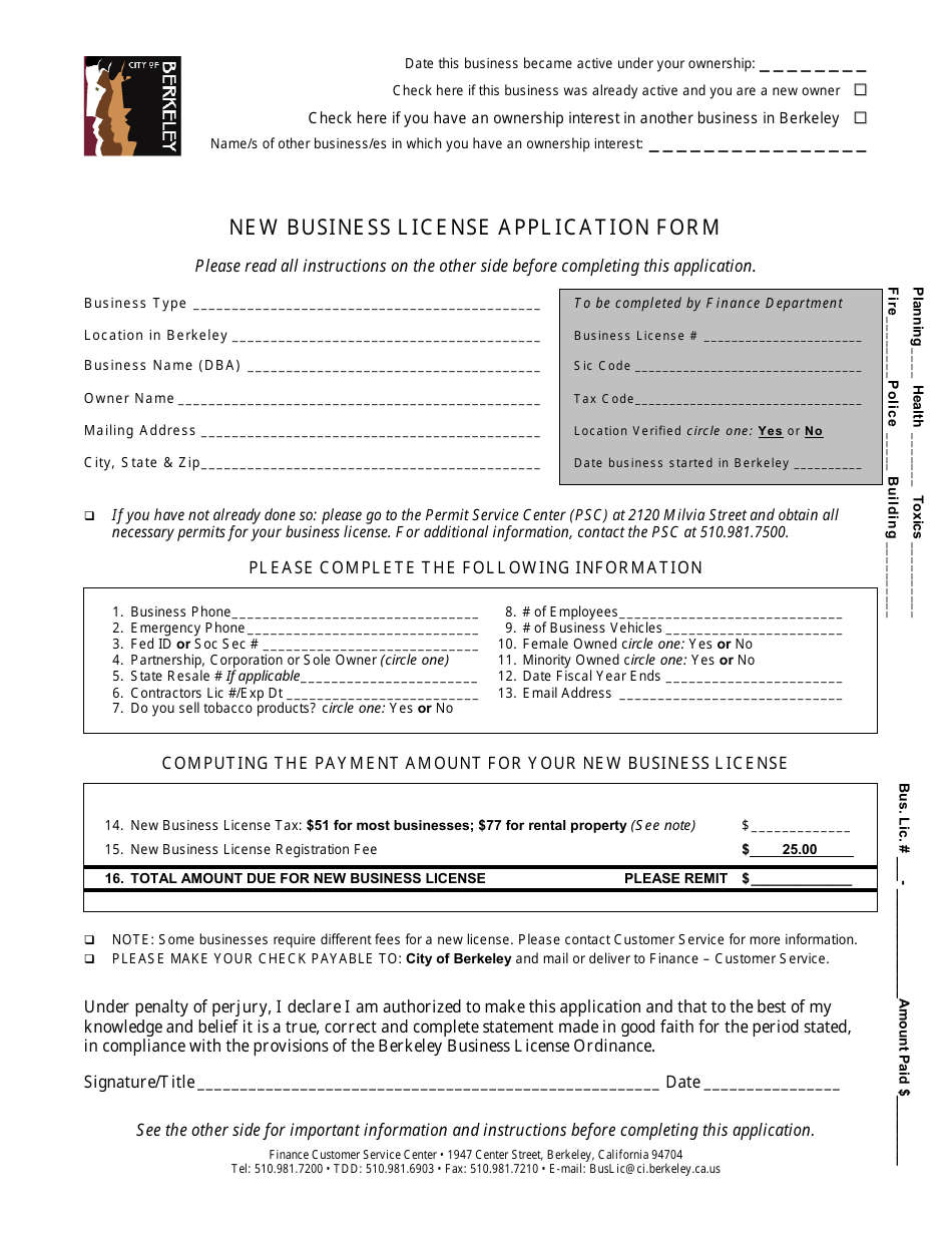 New Business License Application Form - City of Berkeley, California, Page 1